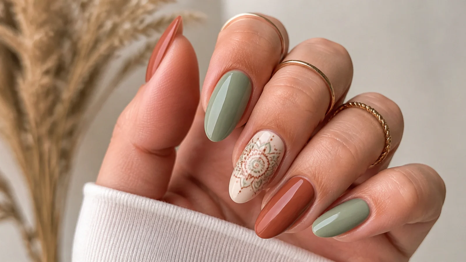 Earthy terracotta and sage nails with a hand-drawn mandala showing the boho look