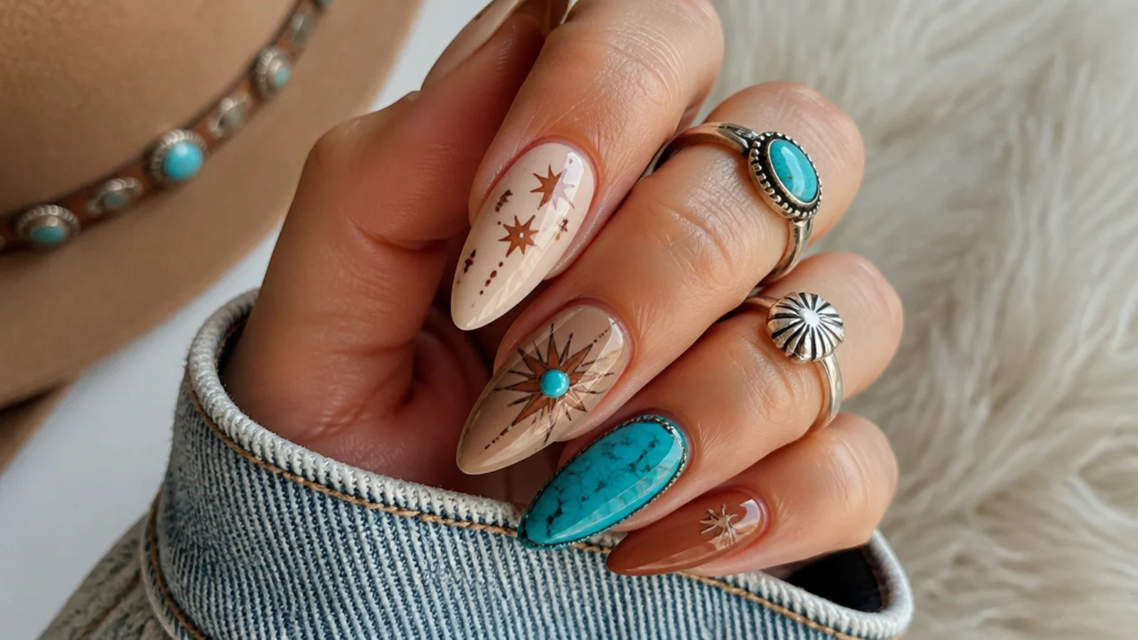 Turquoise stone effect accent nail on tan boho western nails