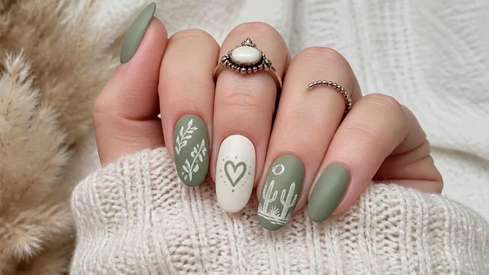Matte sage green boho western nails on oval shapes