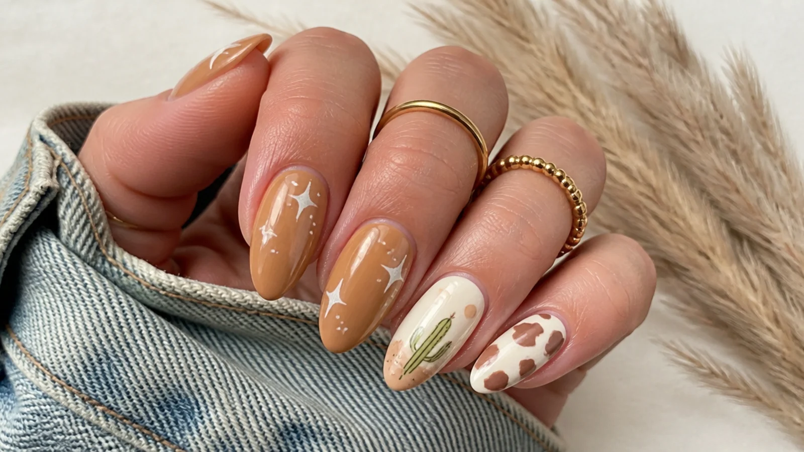 Boho western nails with a small green cactus painted on a cream accent nail
