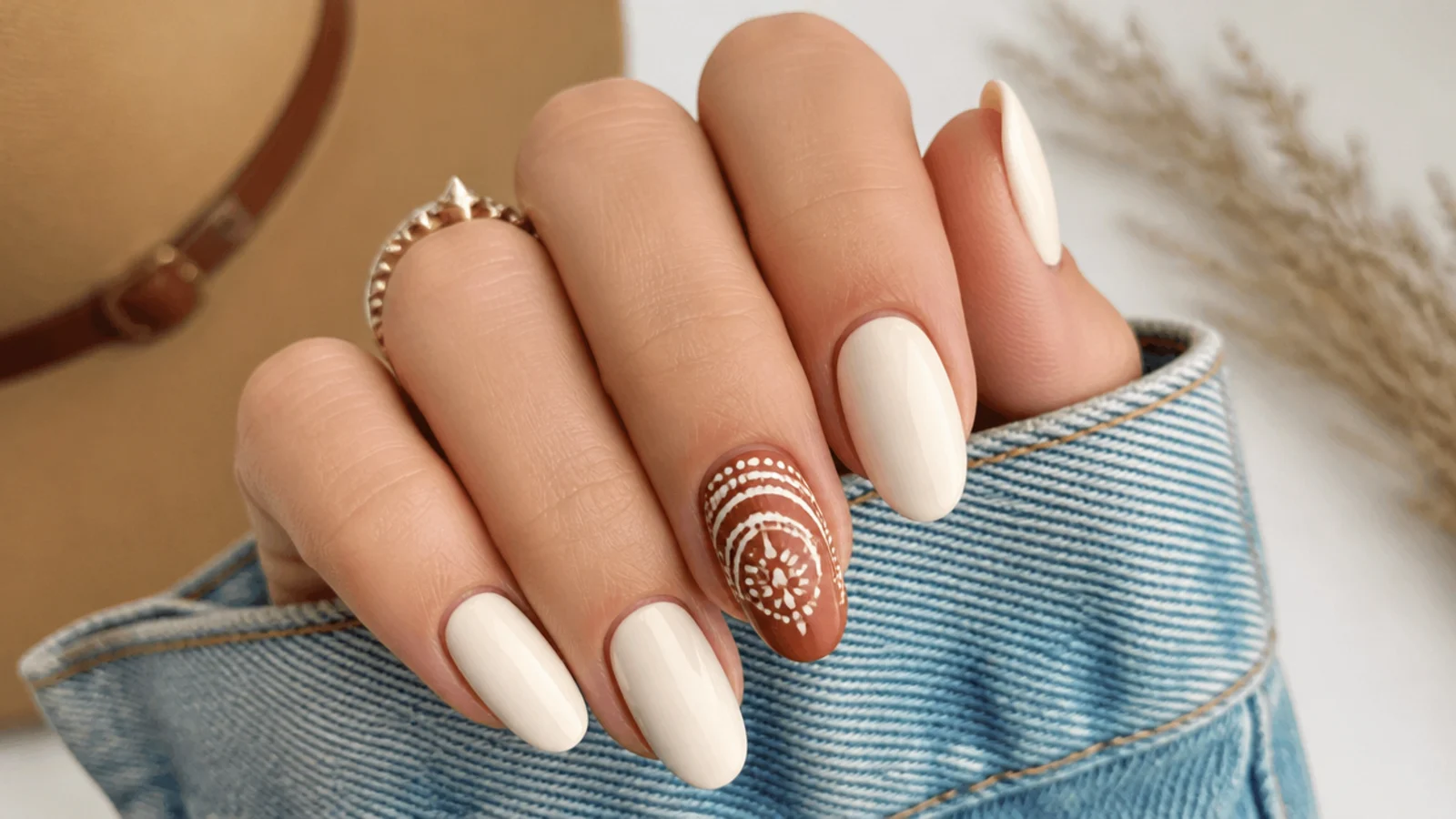 White mandala dotwork on a terracotta boho western accent nail