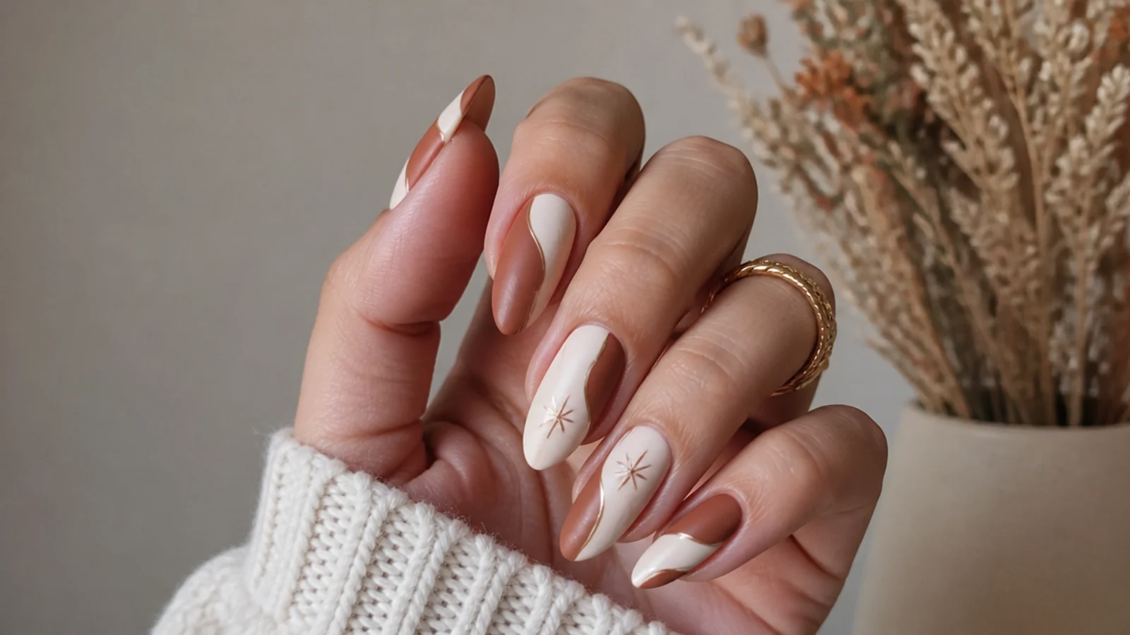 Abstract rust and cream swirl boho western nails, matte finish