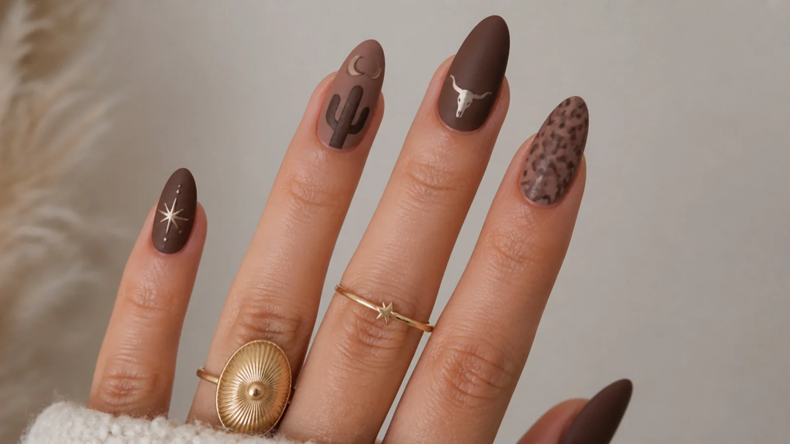 Matte chocolate brown suede-look boho western nails