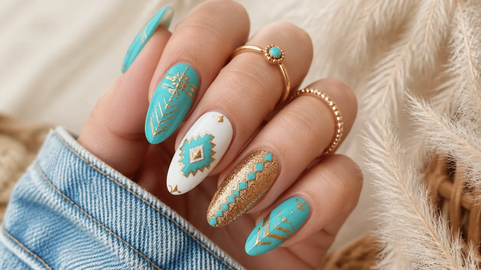 Turquoise and gold aztec pattern boho western nails
