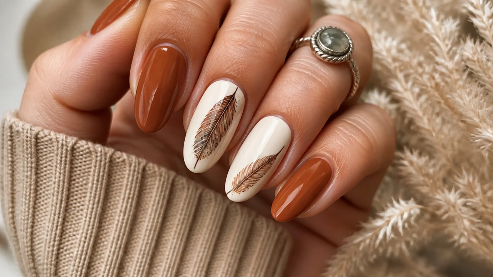 Painted boho feather on a cream western accent nail in earth tones