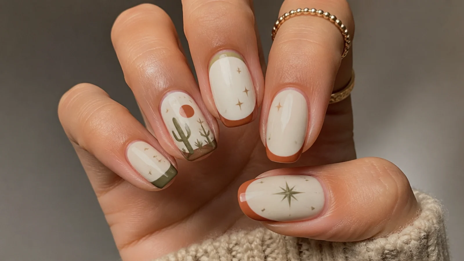 Earthy French tips in olive and rust on cream boho western nails