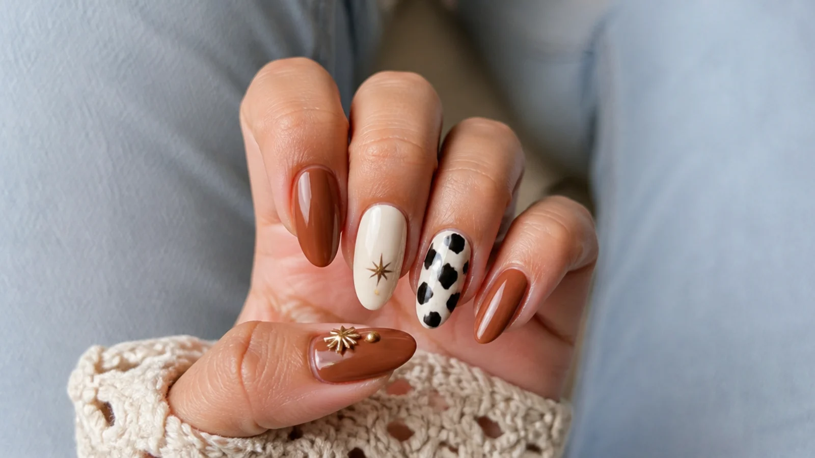Black and cream cowhide print accent nail on tan boho western nails