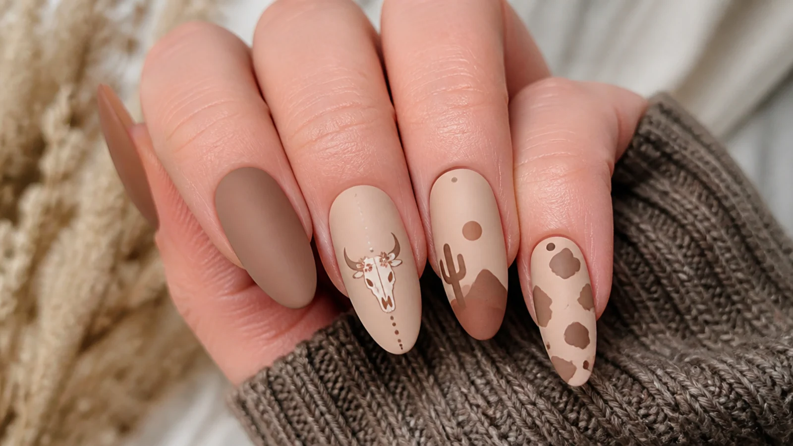 Layered sand and tan neutral boho western nails, matte