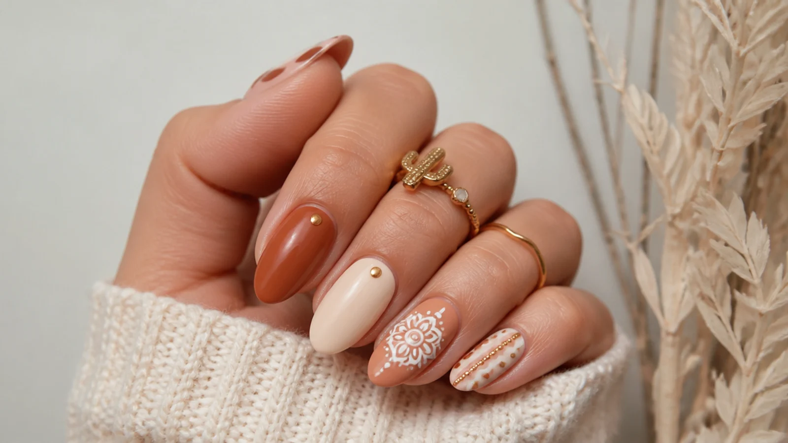 Mixed boho western nails with terracotta, cream and a white mandala