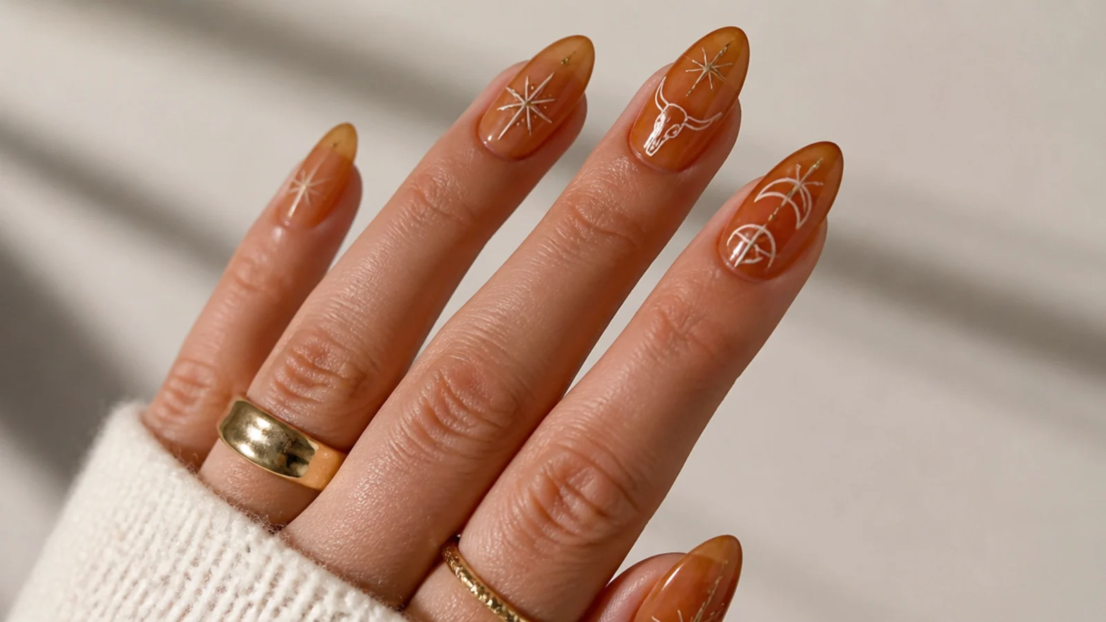Sheer burnt orange glazed boho western nails on almond shapes