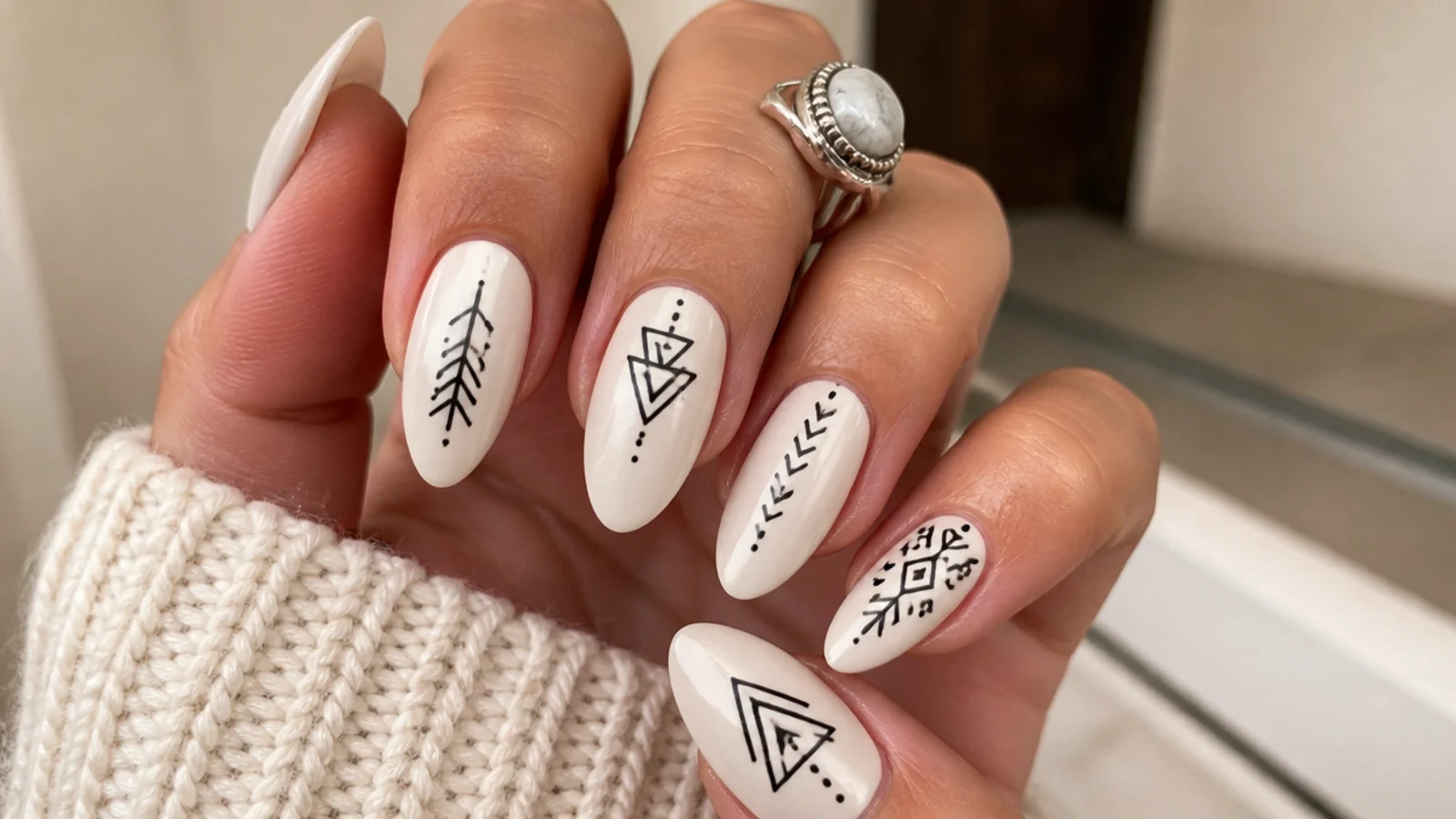 Minimal black aztec line pattern on cream boho western nails