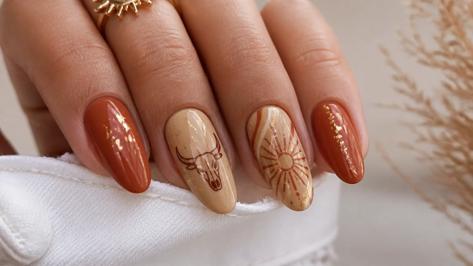Terracotta and tan boho western nails with muted gold foil flecks