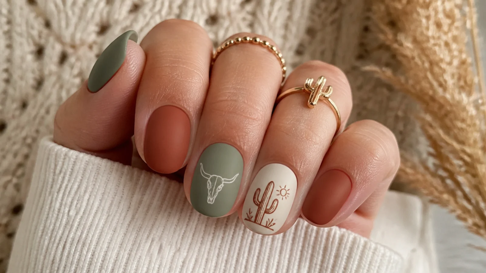 Short matte boho western nails alternating terracotta, sage and cream