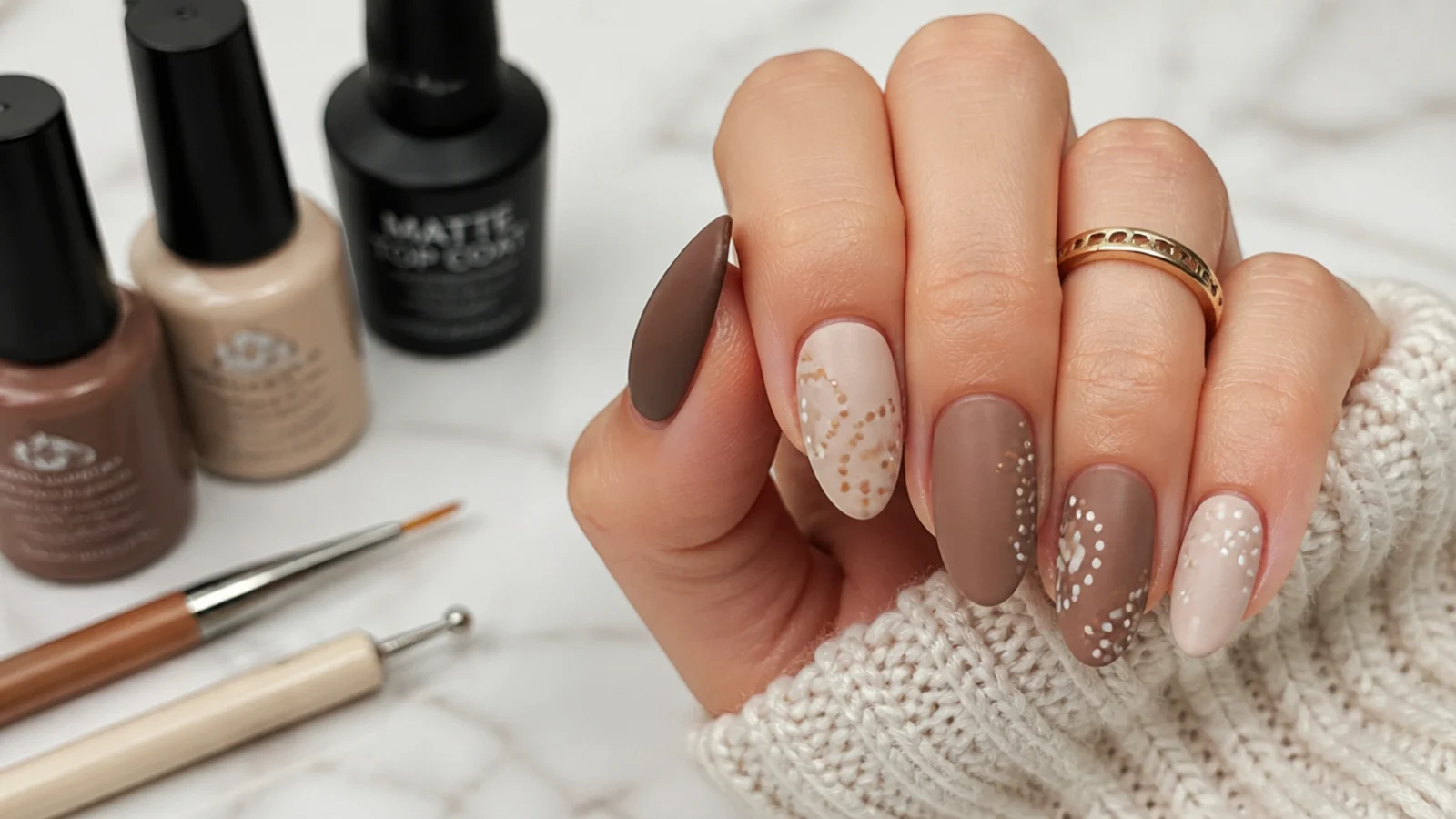 Home setup with earth-tone gels, a liner brush, dotting tool and matte top coat