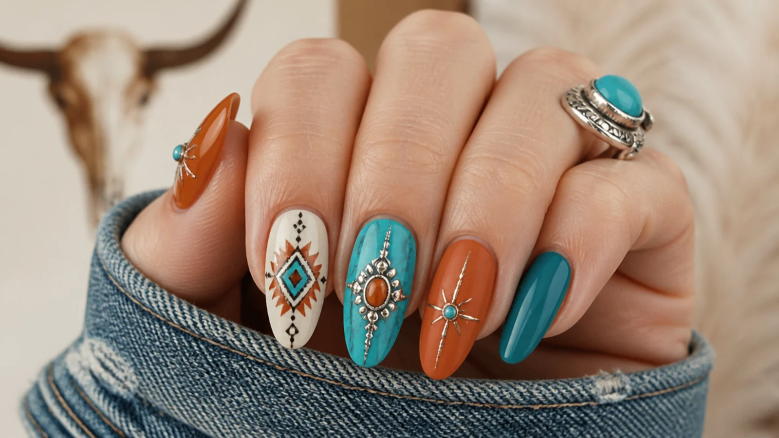 Earthy boho western nails with terracotta, turquoise and aztec accents on almond shapes
