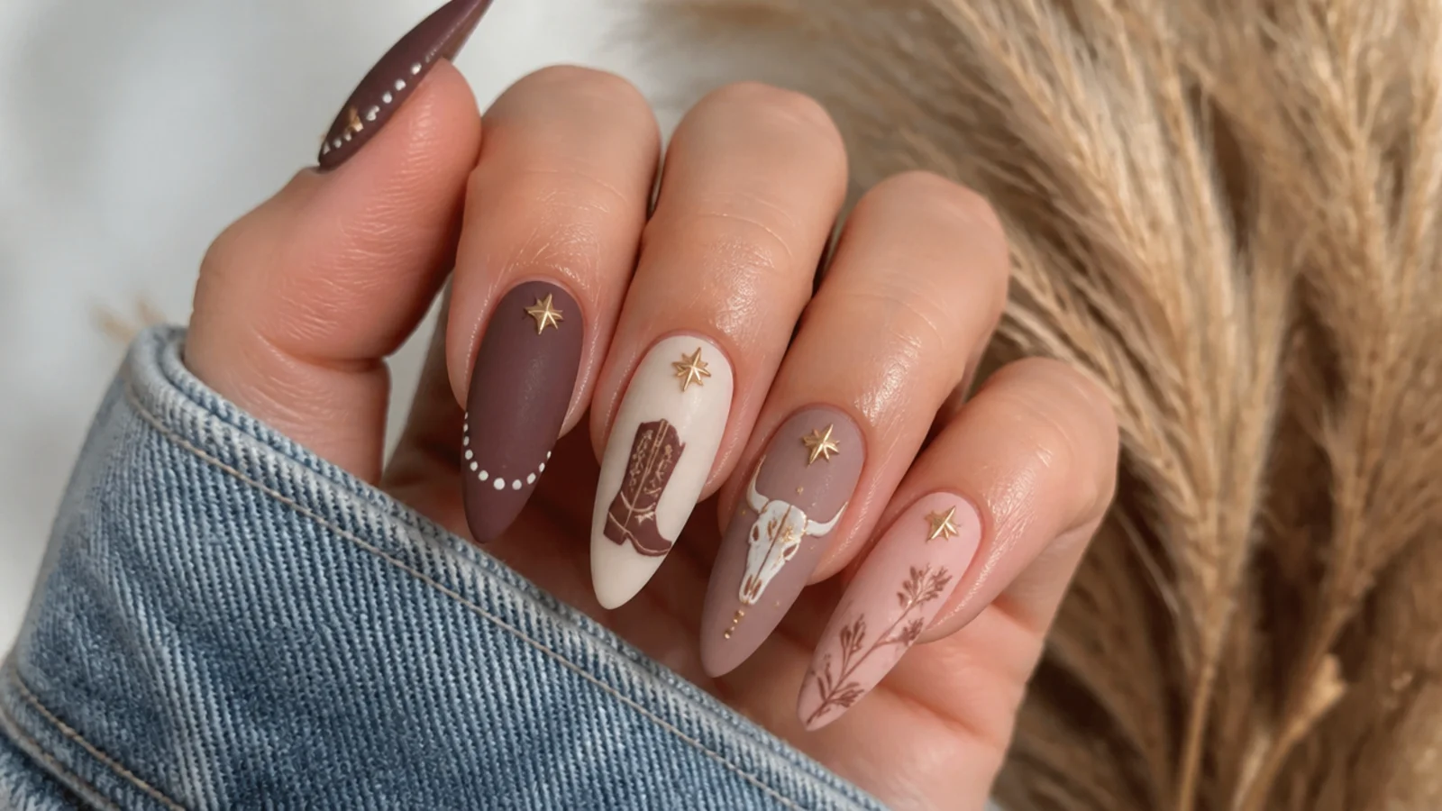A sealed matte boho western manicure with cuticle oil for longevity