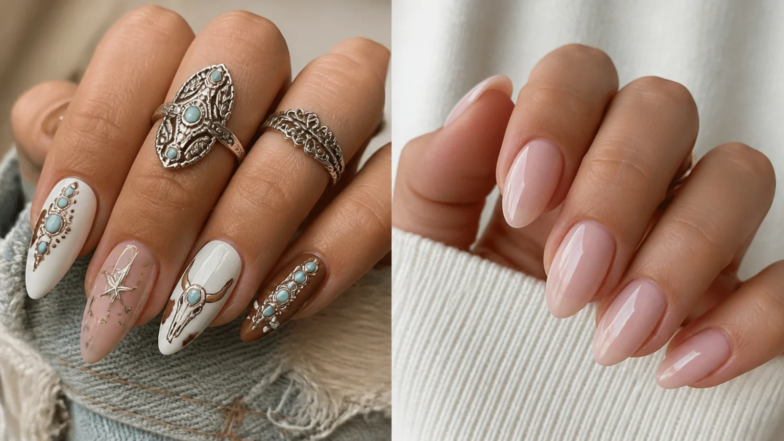 Boho western nails styled for a festival next to a neutral work-appropriate set