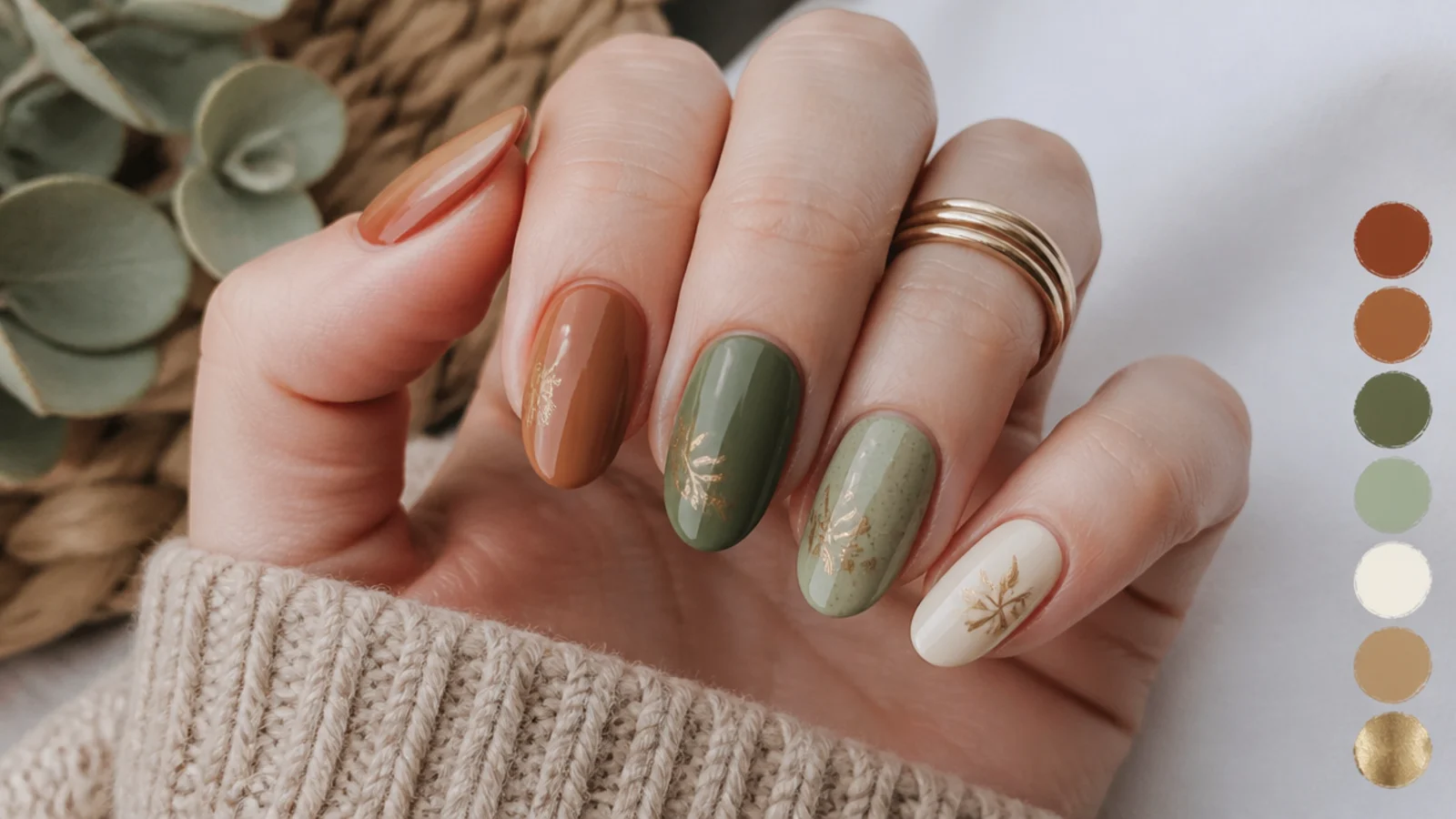 Swatches of terracotta, rust, olive, sage, cream, tan and muted gold nail colors