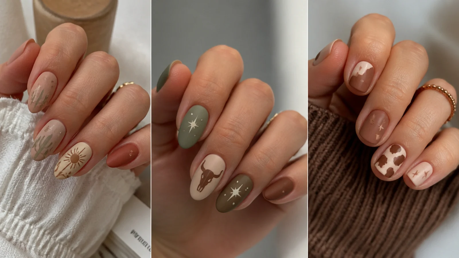 Almond, oval and short boho western nails with a matte earthy finish