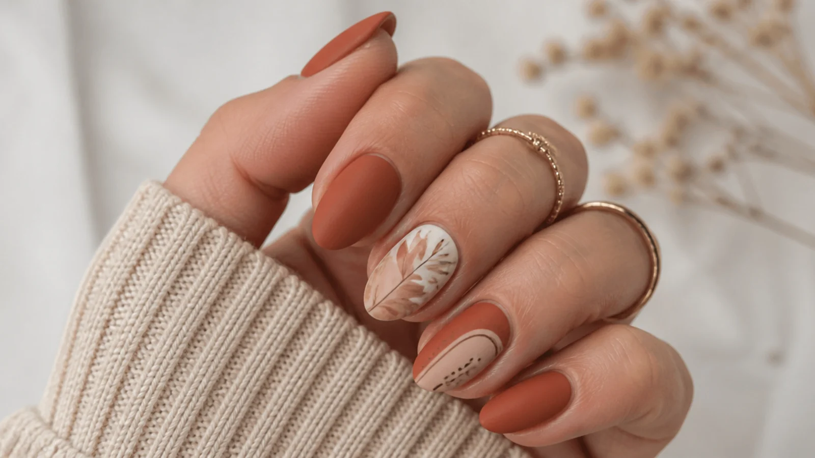Warm terracotta matte boho nails on a short almond shape