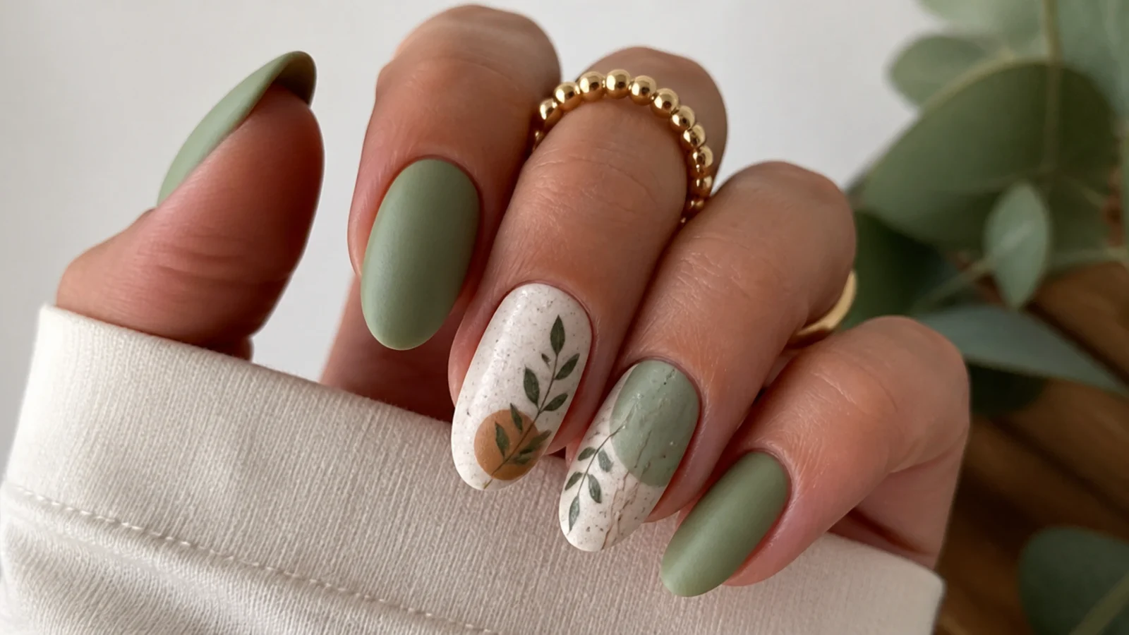 Soft sage green matte boho nails on oval nails