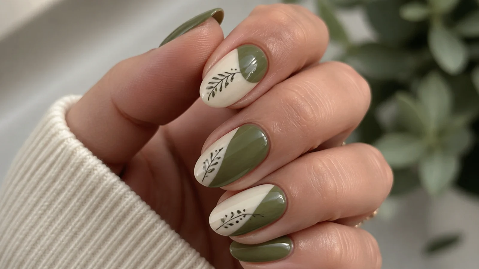 Olive and cream colorblock boho nails split diagonally