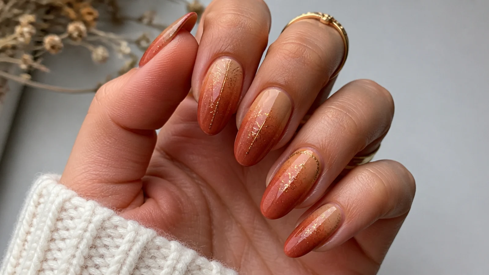 Rust, terracotta and muted gold ombre boho nails fading up the nail