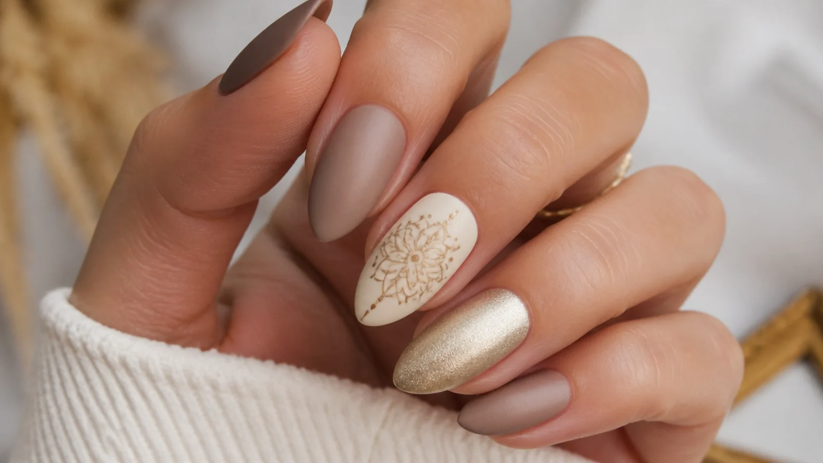 Muted gold mandala on a cream boho accent nail with matte finish