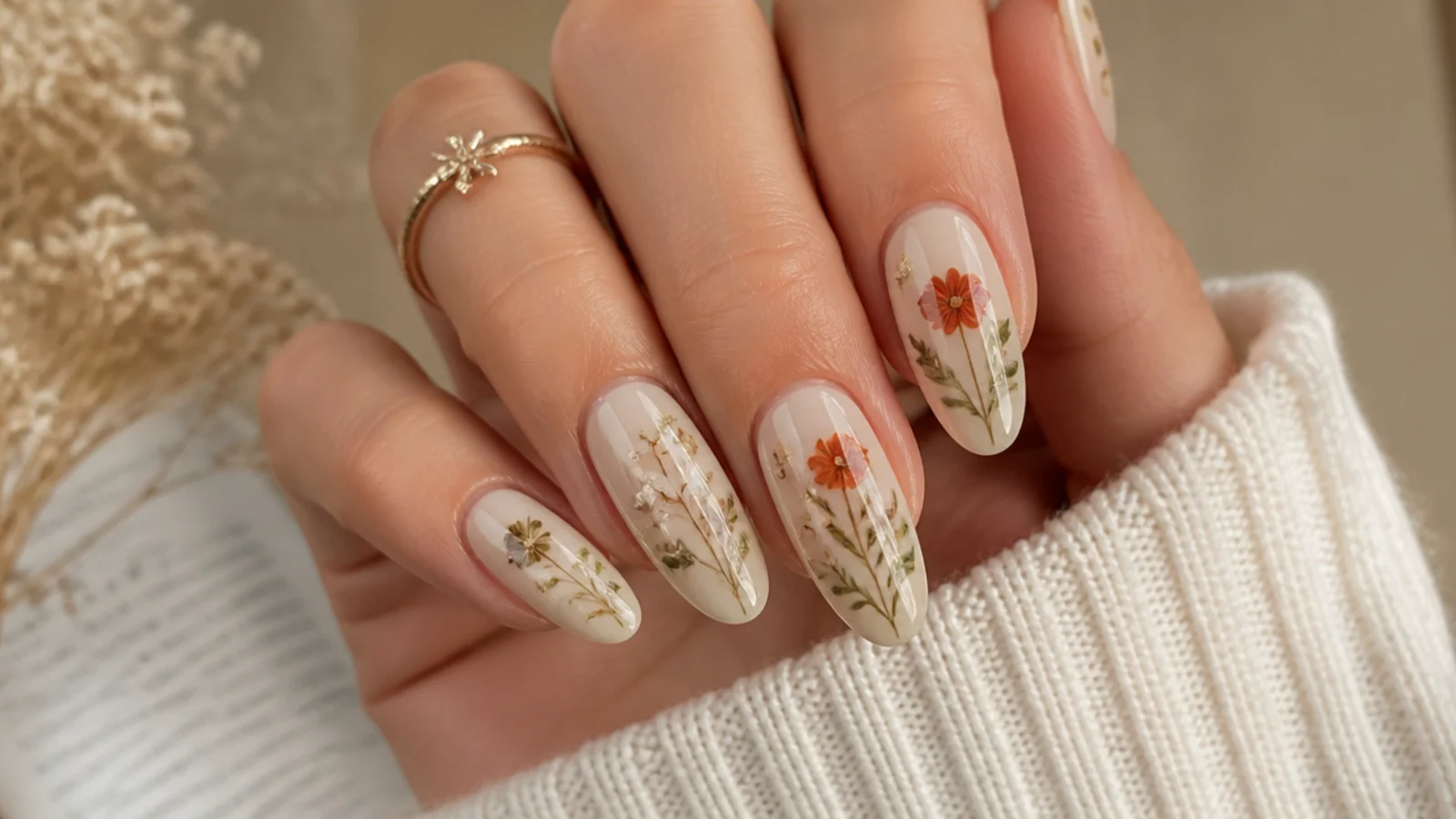 Loose pressed wildflower boho nails in rust and sage on a cream base