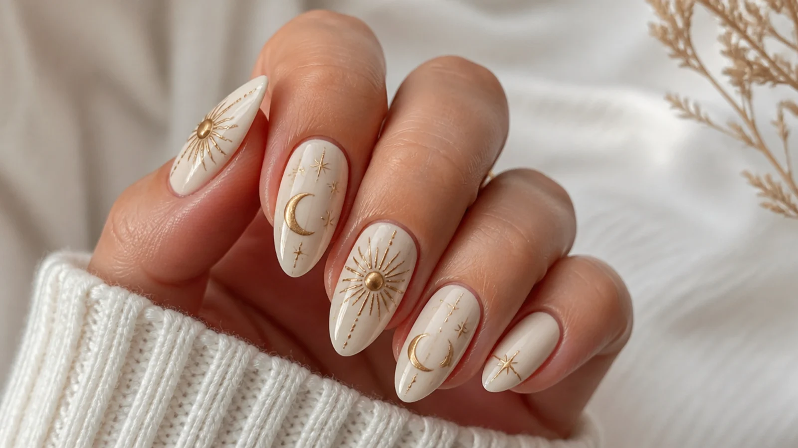 Muted gold sun and crescent moon celestial boho nails on cream