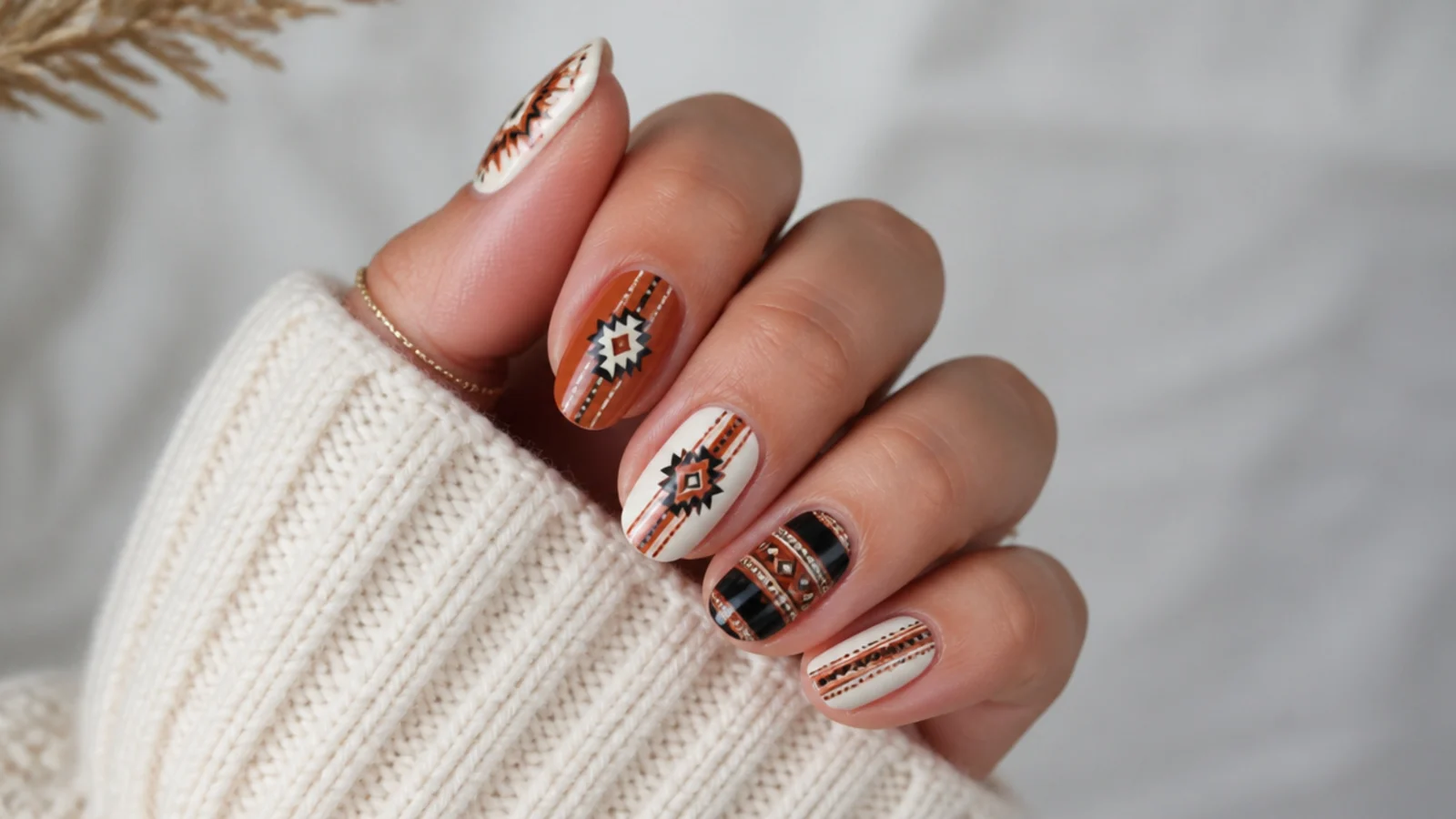 Aztec geometric stripe boho nails in rust, cream and black
