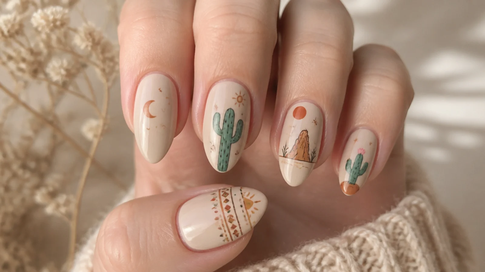 Small green cactus and desert boho nails on a sand-tan base