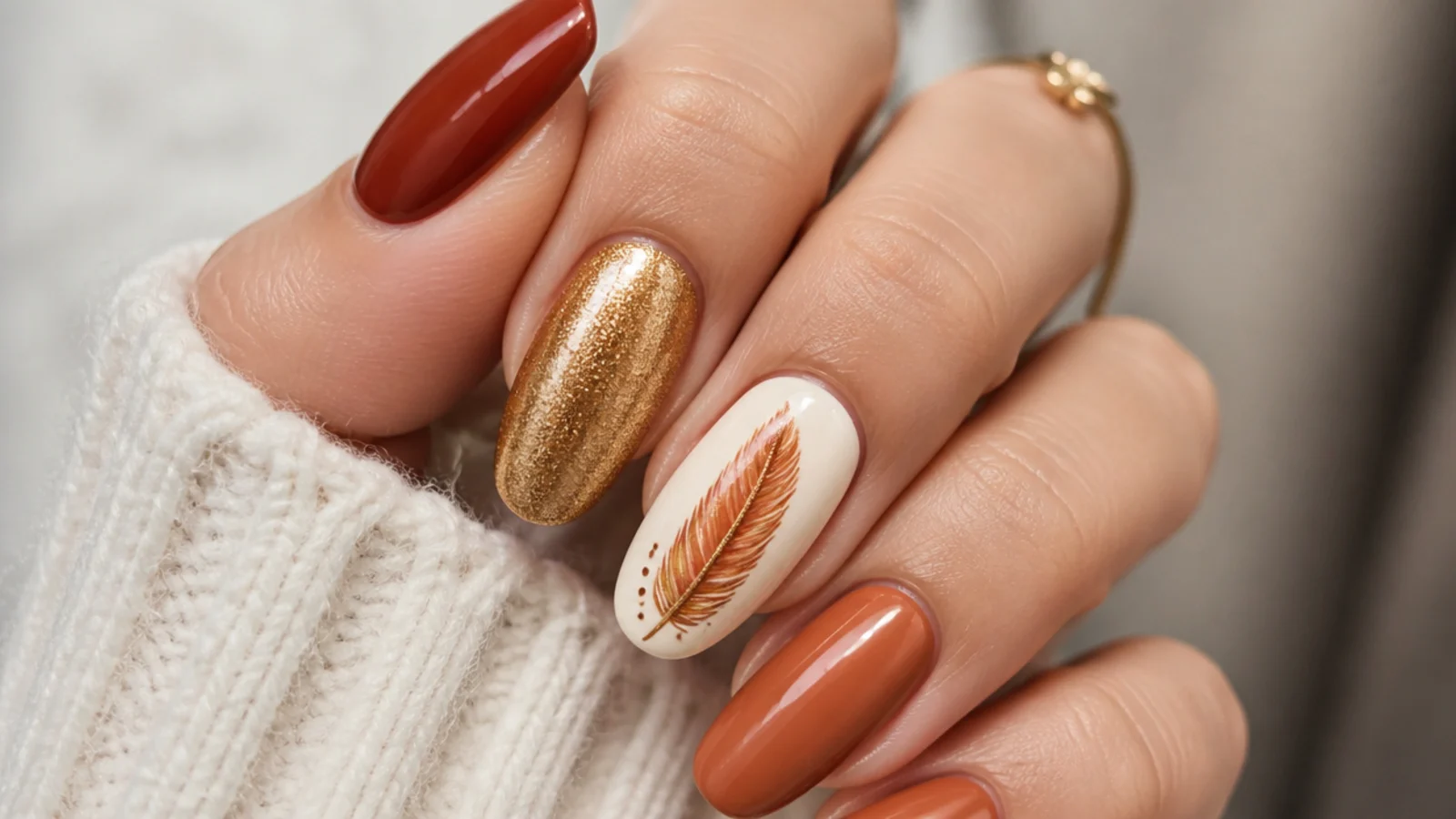 Hand-painted boho feather on a cream nail in rust and gold
