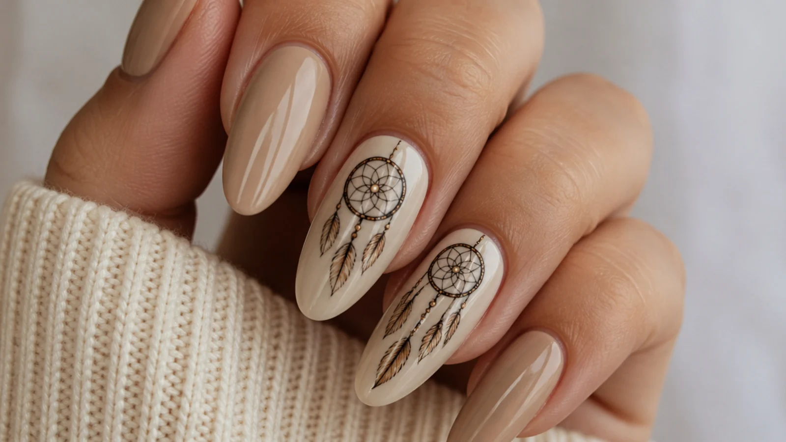 Fine-line dreamcatcher boho nail with hanging feathers on tan