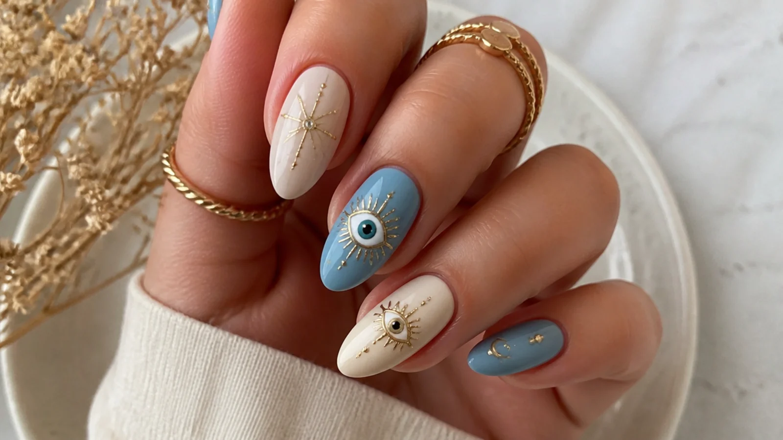 Muted evil eye charm boho nails in dusty blue and gold on cream
