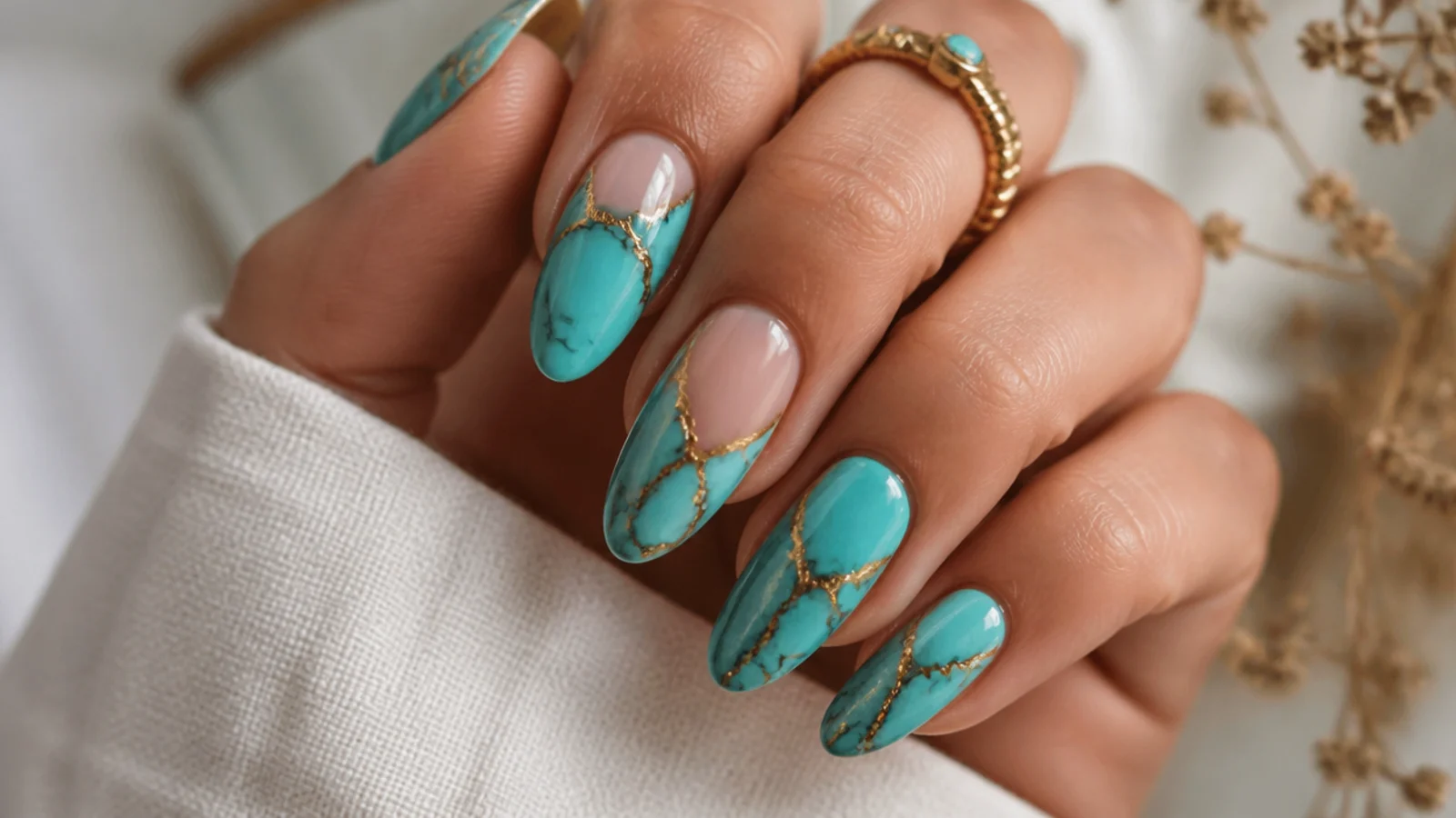 Faux turquoise stone boho nails with gold veining on tan