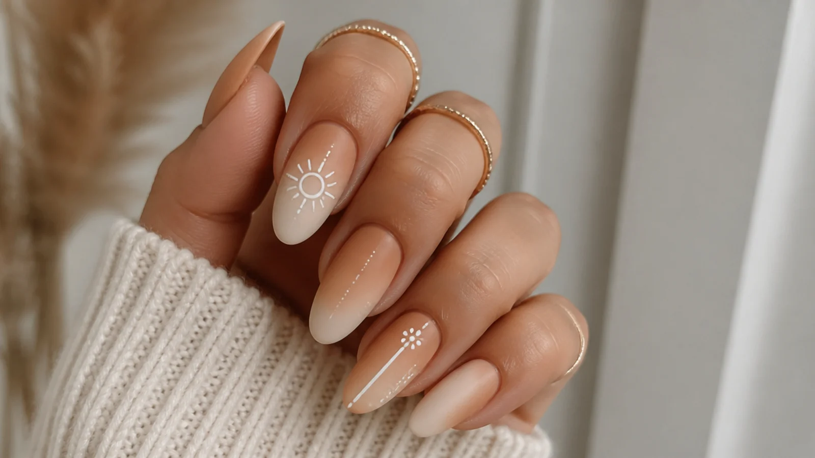 Soft tan and cream gradient boho nails with a matte finish