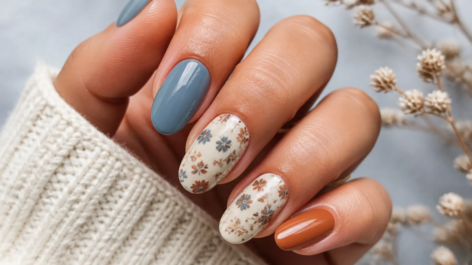 Dusty blue and rust floral boho nails on a cream base