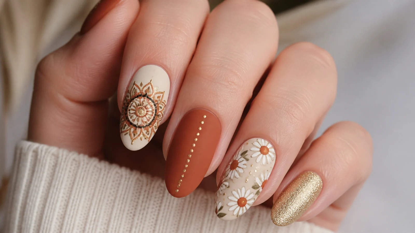 Mixed boho nails combining terracotta, mandala, daisy and gold accents