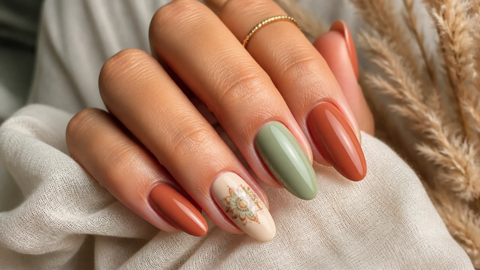 Cute boho nails in terracotta and sage with a small mandala accent on almond nails