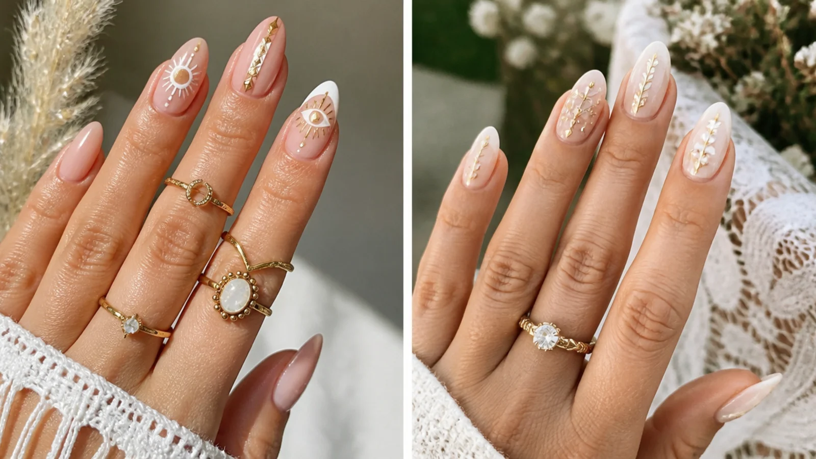 Boho nails styled for a festival and for an outdoor wedding side by side