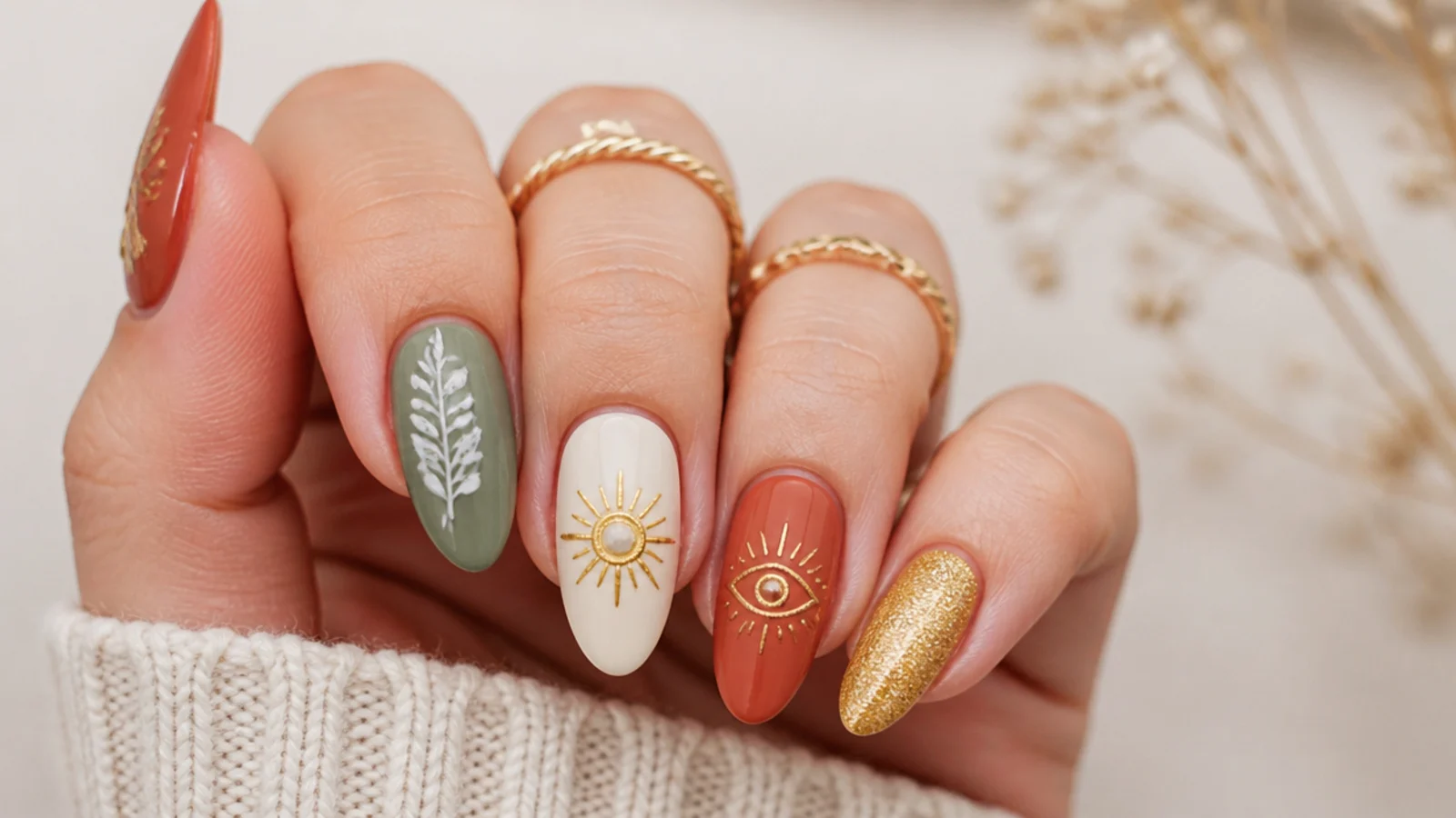 Swatches of terracotta, sage, cream and gold boho nail colors with motifs