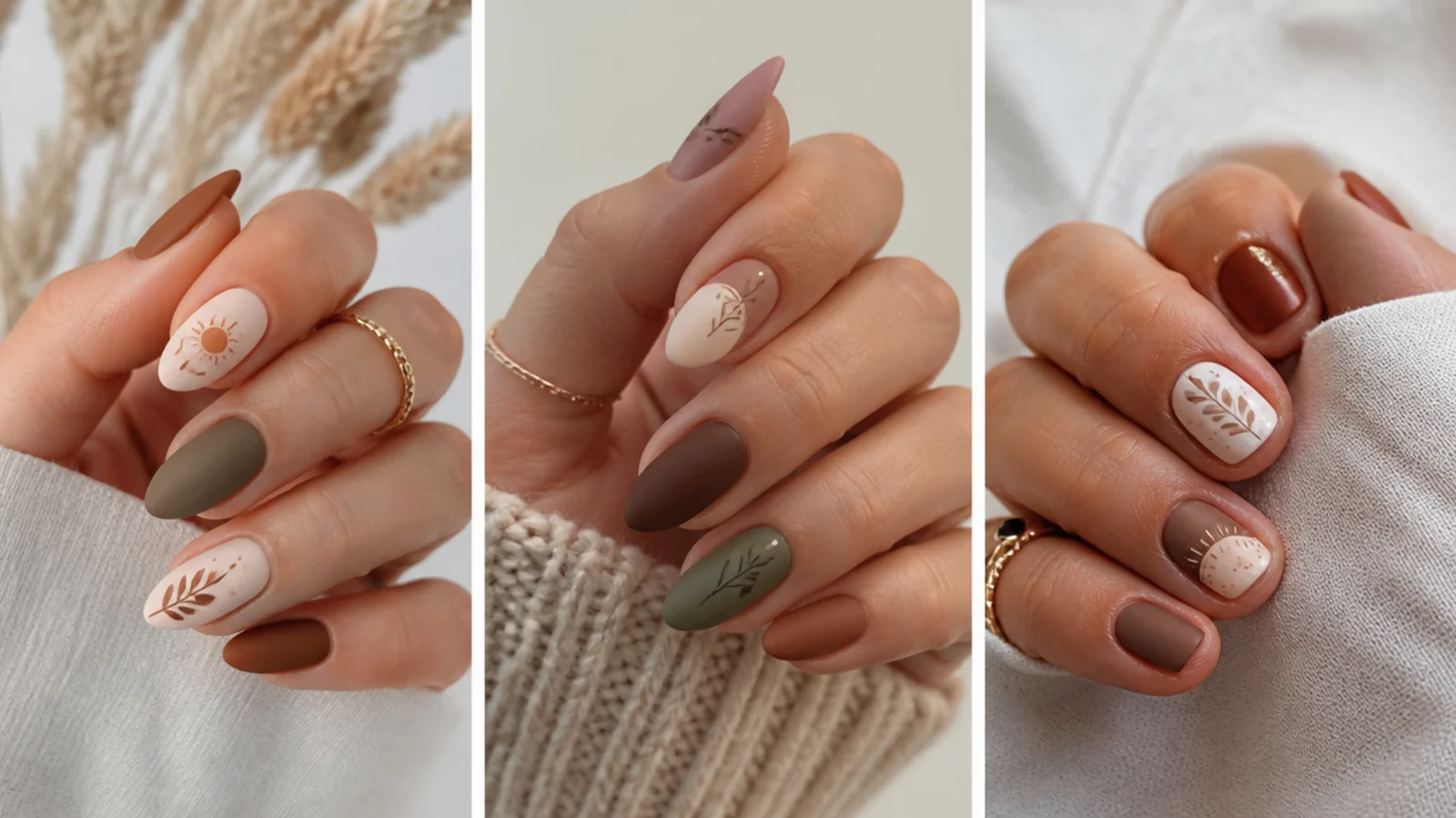Almond, oval and short boho nails with a matte earth-tone finish