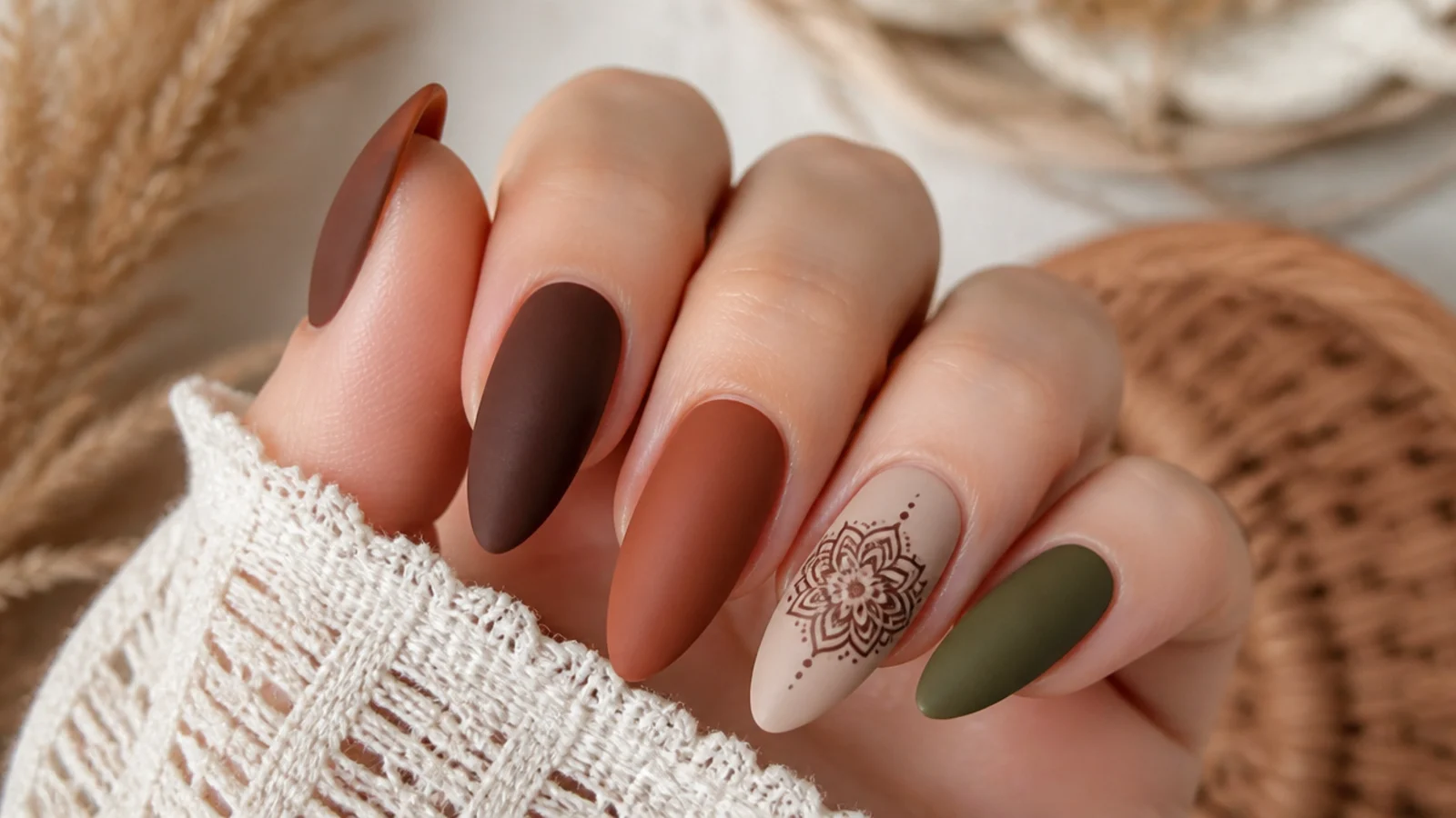 Earth-tone boho nails with a mandala and matte finish showing the style