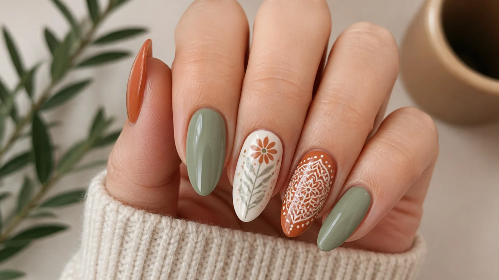 Almond nails in terracotta and sage with a hand-painted floral and mandala accent at home