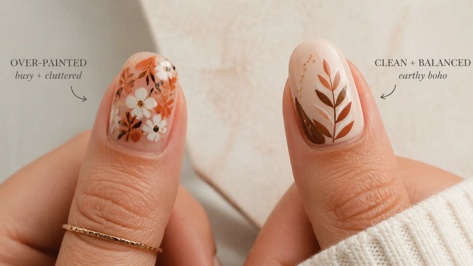 A cluttered over-painted nail next to a clean, balanced earthy boho nail for comparison