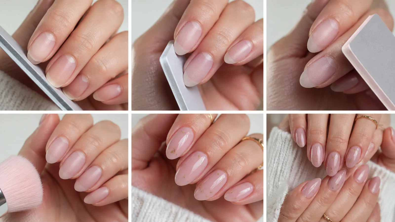 Nails being shaped to a soft almond and buffed in preparation for gel