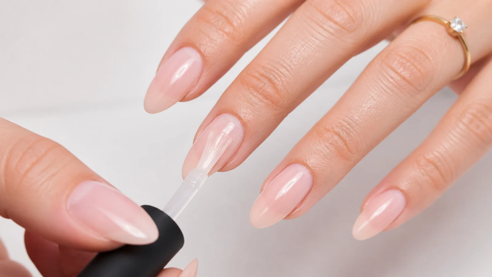 A thin gel base coat being applied to a prepped almond nail