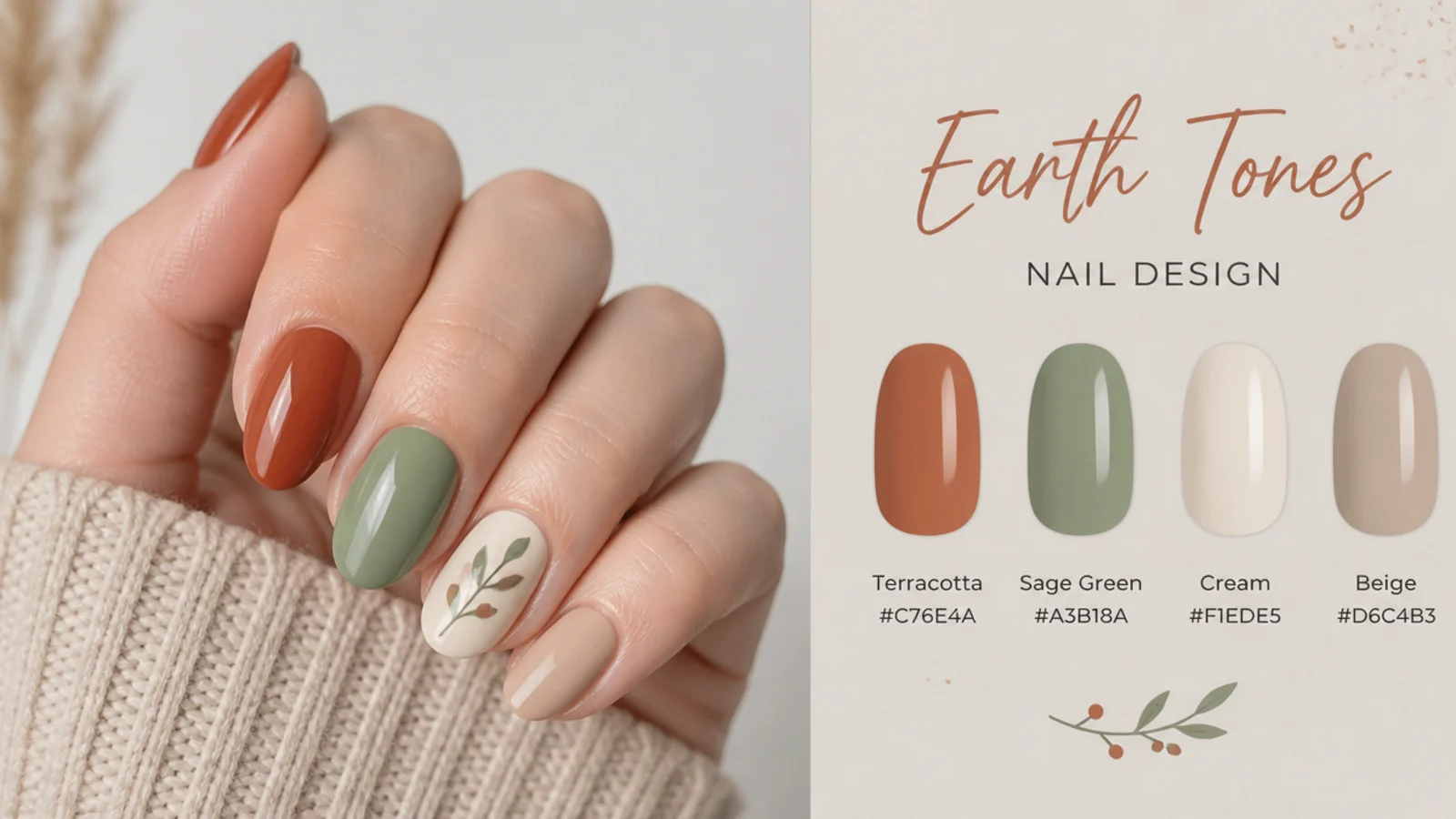 Nails painted in a mix of terracotta, sage and cream earth-tone gel colors