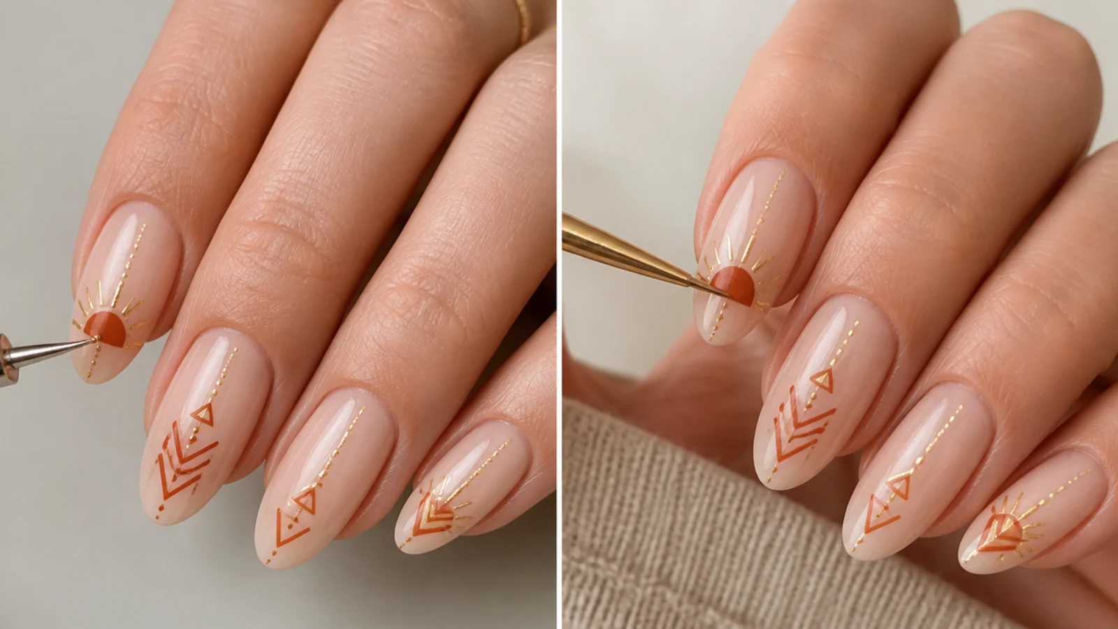 A dotting tool and gold striper adding a rising sun and fine aztec lines to nails